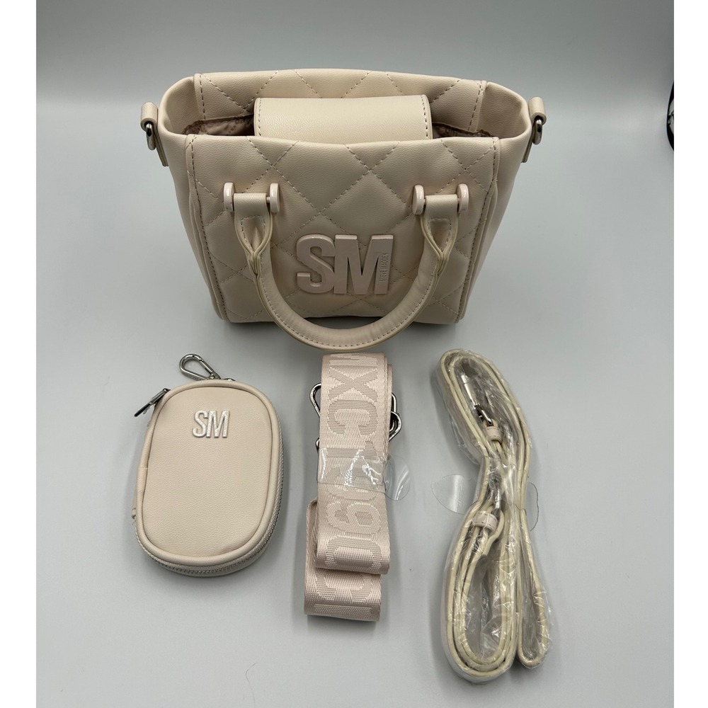 Steve Madden Cream Quilted Mini Tote Bag with Pouch and Two Straps SM Logo - Picture 2 of 8